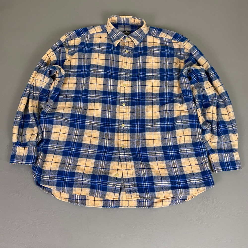 Evergreen Flannel Shirt Men's Large‎ Blue Tan Plaid Long Sleeve 100% Cotton *